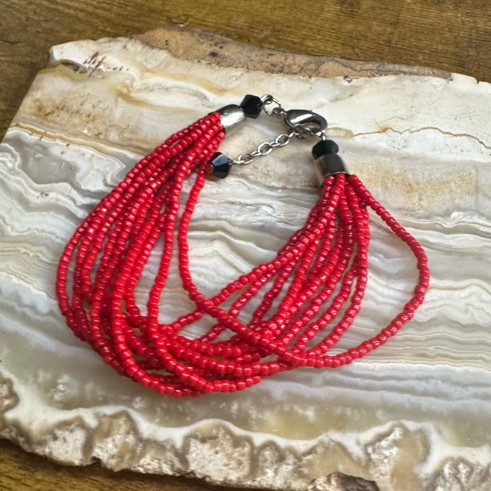 Boho Red Multi-Strand Seed Bead Bracelet | Layered Statement | Adjustable